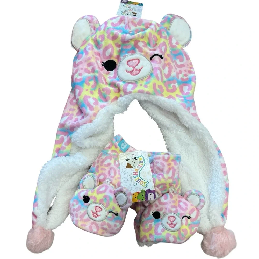 Squishmallows Michaela Hat Gloves Set‎ Ears Pom Pom Pink Leopard Winter Cap NWT